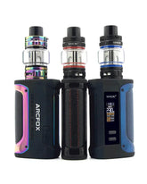 Three SMOK ARCFOX vape devices side by side on a white background, showing different color options: a holographic rainbow tank, a black tank with red accents, and a black tank with blue accents.