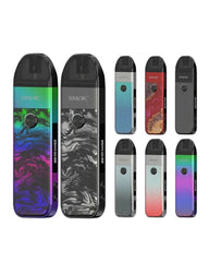 A set of SMOK vape devices shown on a plain white background, including several flavor variants with different colorful gradient and patterned designs.
