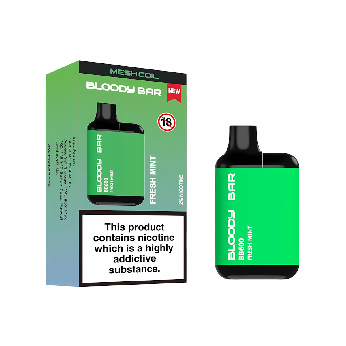 Bloody Bar BB600 Prefilled Pod Kit, Fresh Mint  Flavour, Vape Wave UK