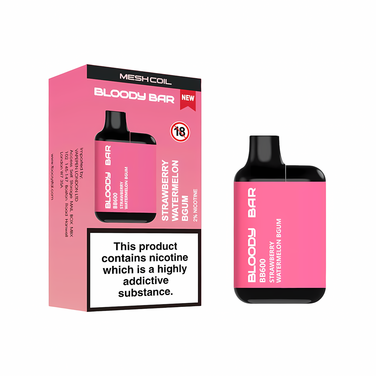 Bloody Bar BB600 Prefilled Pod Kit, Strawberry Watermelon Bubblegum Flavour, Vape Wave UK