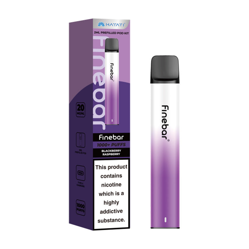 Hayati Finebar Pod Kit  500MAh, Blackberry Raspberry  Flavour, Vape Wave UK 