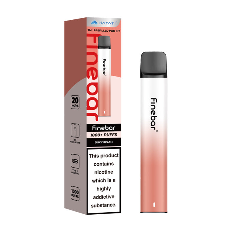 Hayati Finebar Pod Kit  500MAh, Juicy Peach  Flavour, Vape Wave UK 