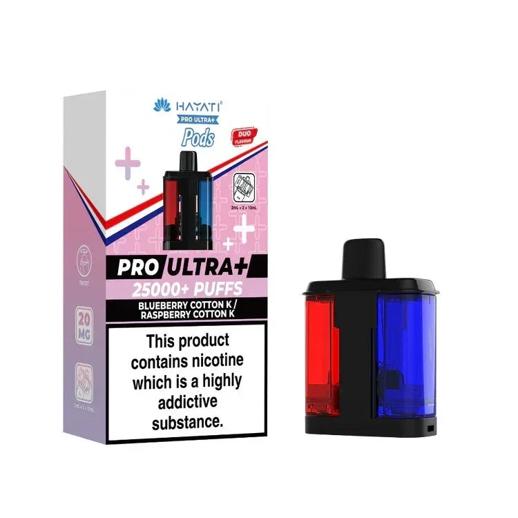 Hayati Pro Ultra Plus 25K Prefilled Pods,  Box of 5, Blueberry Cotton K And Raspberry Cotton K Flavour, Vape Wave UK
