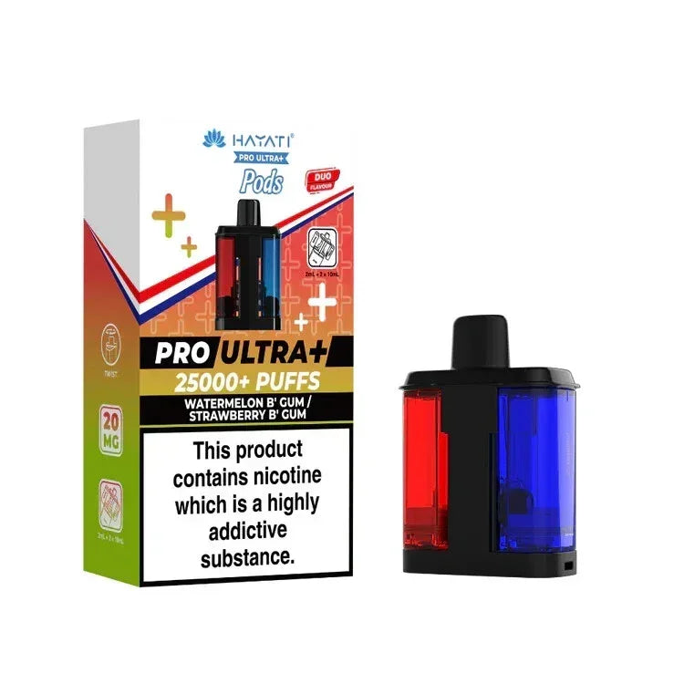 Hayati Pro Ultra Plus 25K Prefilled Pods,  Box of 5, Watermelon B Gum And Strawberry B Gum Flavour, Vape Wave UK