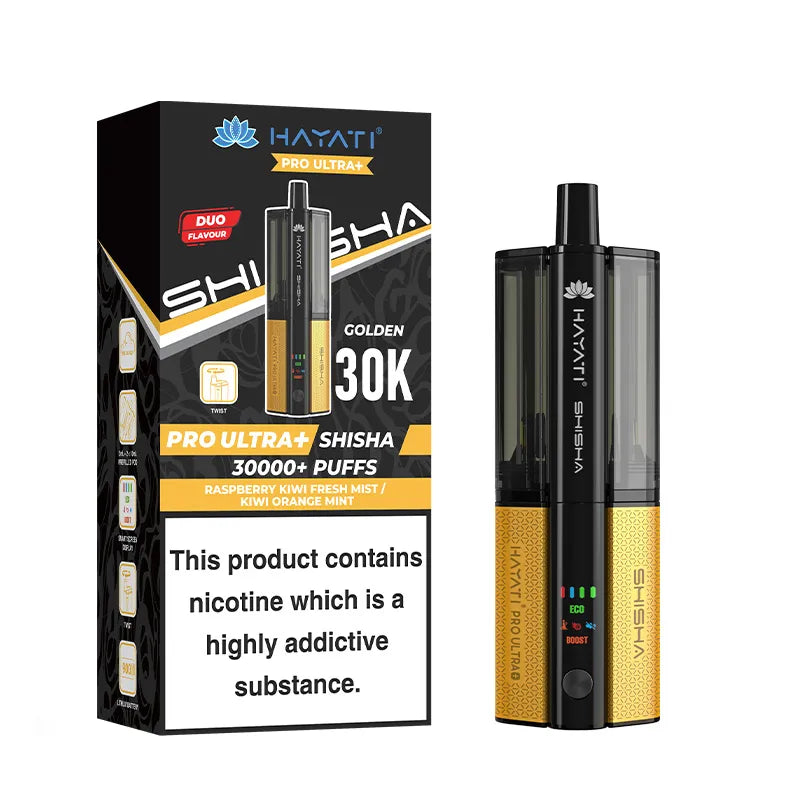 Hayati Pro Ultra Plus Shisha 30K Pod Kit, Raspberry Kiwi Fresh Mist And Kiwi Orange Mint Flavour, Vape Wave UK  