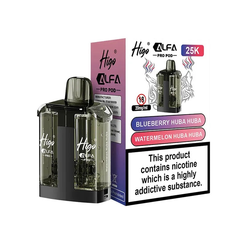 Higo Alfa Pro 25,000 Prefilled Pod, Blueberry Huba Huba And Watermelon Huba Huba  Flavour, Vape Wave UK