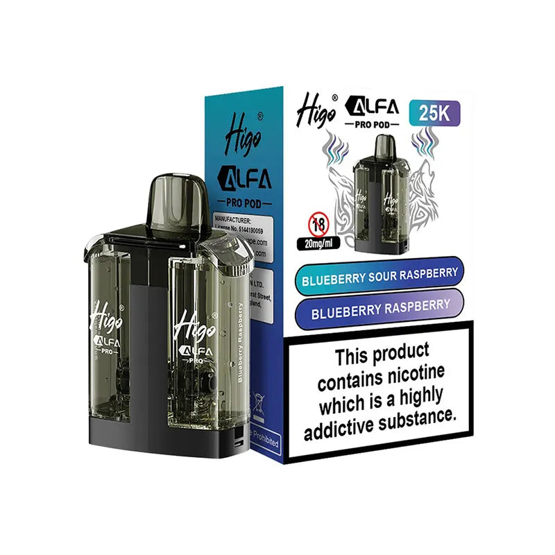 Higo Alfa Pro 25,000 Prefilled Pod, Blueberry Sour Raspberry And Blueberry Raspberry   Flavour, Vape Wave UK