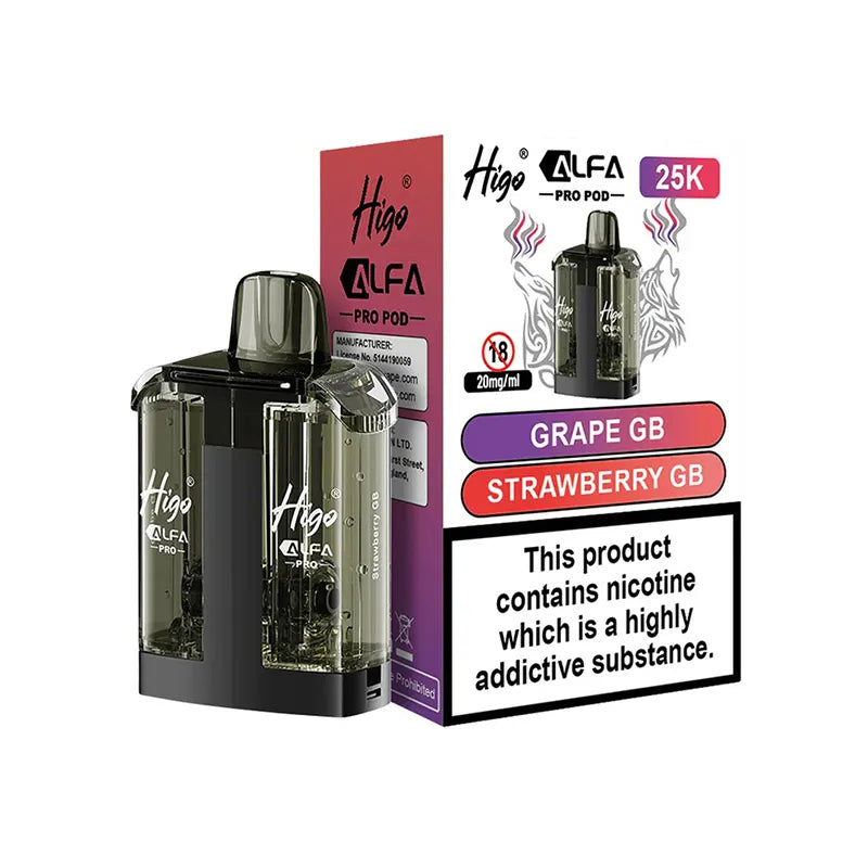 Higo Alfa Pro 25,000 Prefilled Pod, Grape GB Strawberry GB  Flavour, Vape Wave UK
