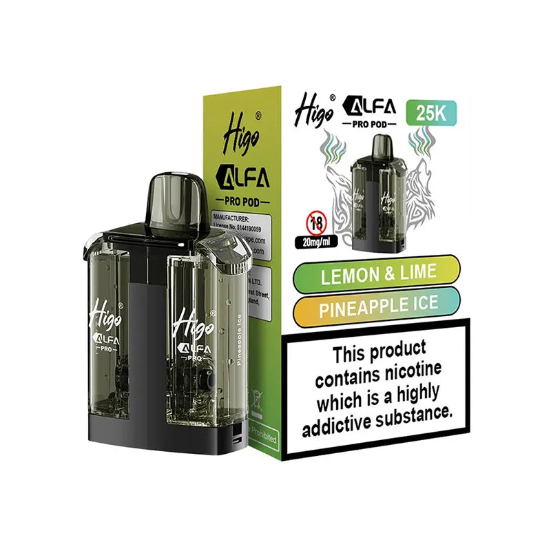 Higo Alfa Pro 25,000 Prefilled Pod, Lemon Lime And Pineapple Ice  Flavour, Vape Wave UK