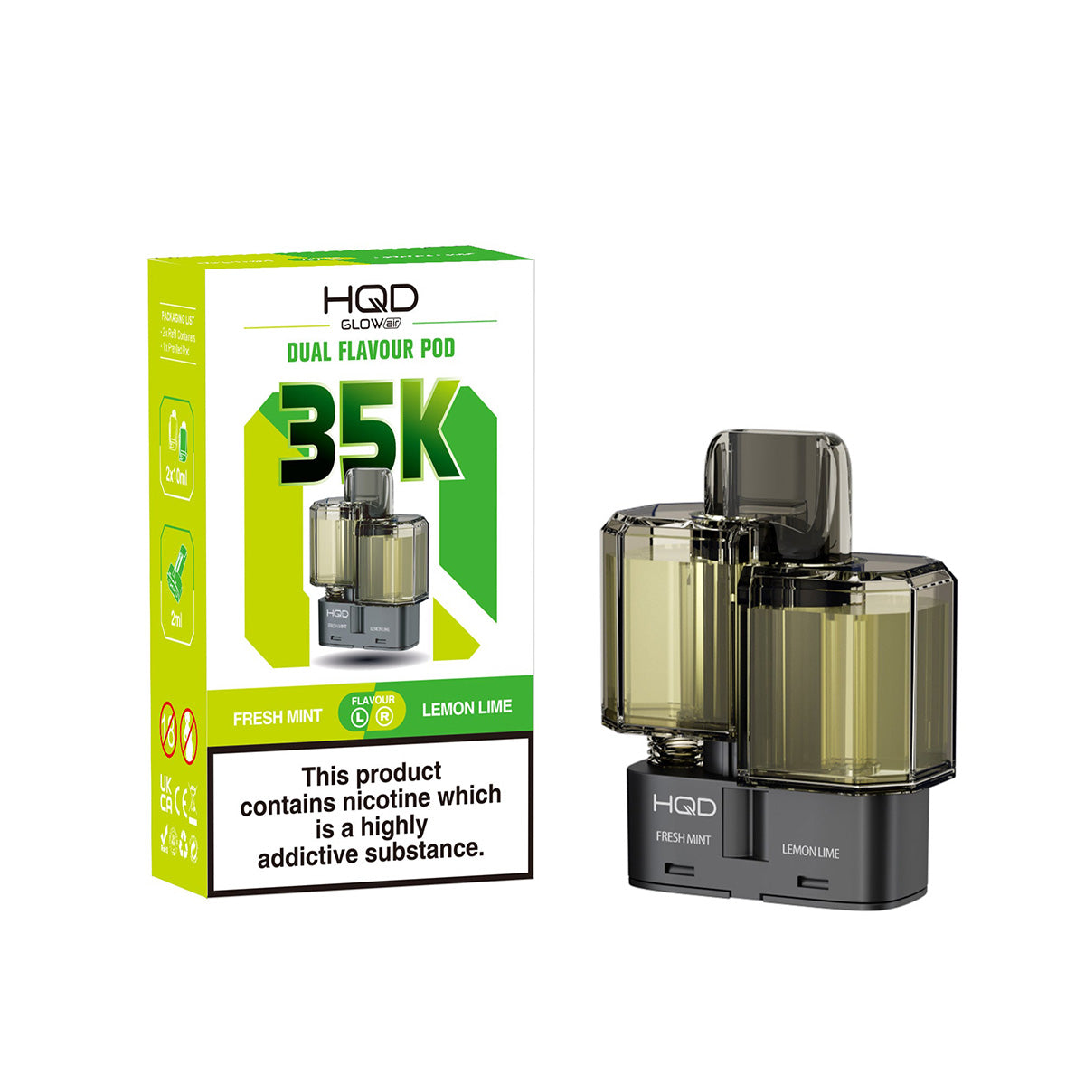 HQD Glow Air 35K Prefilled Pods  Dual Flavours, Fresh Mint And Lemon Lime, Vape Wave UK