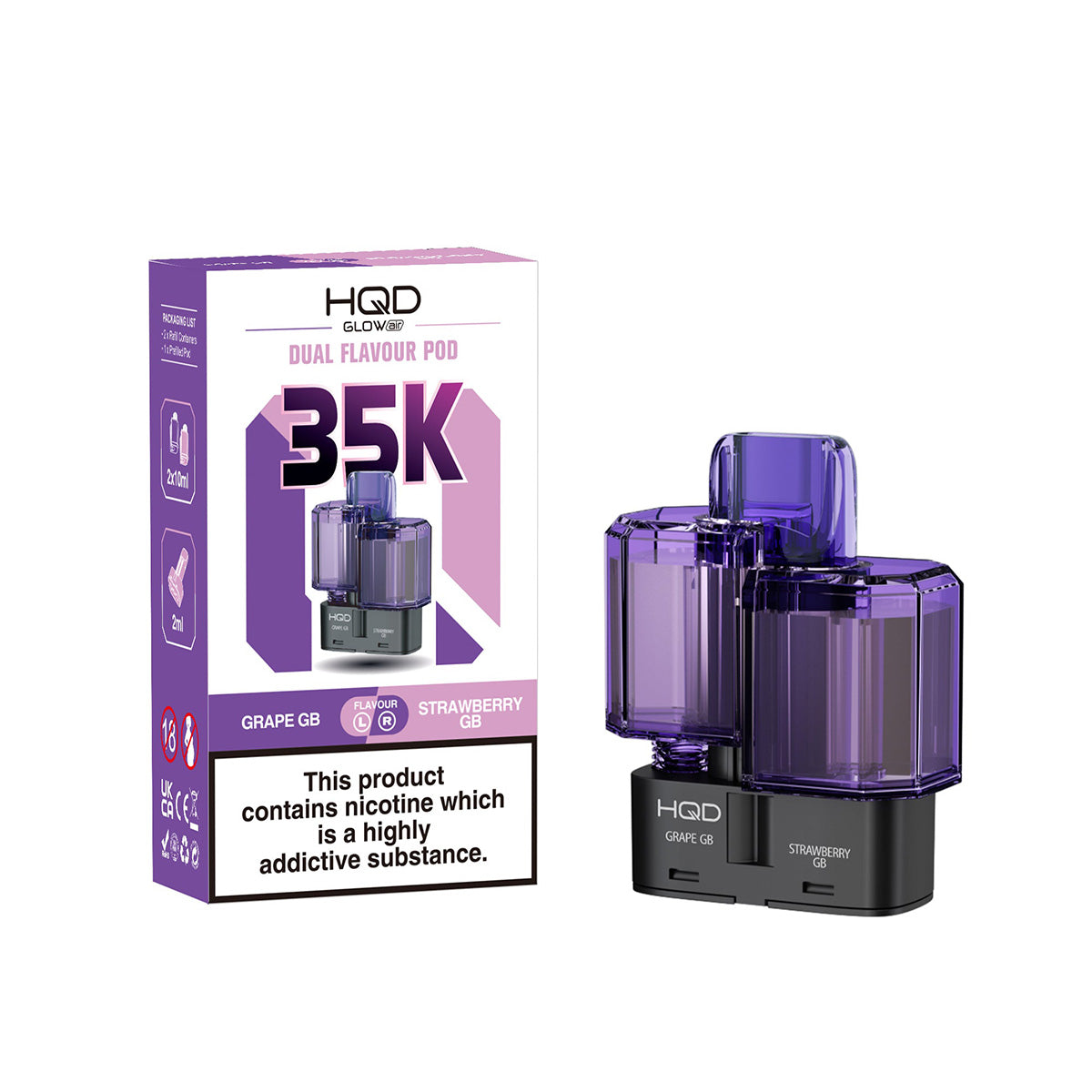HQD Glow Air 35K Prefilled Pods  Dual Flavours, Grape GB And Strawberry GB, Vape Wave UK