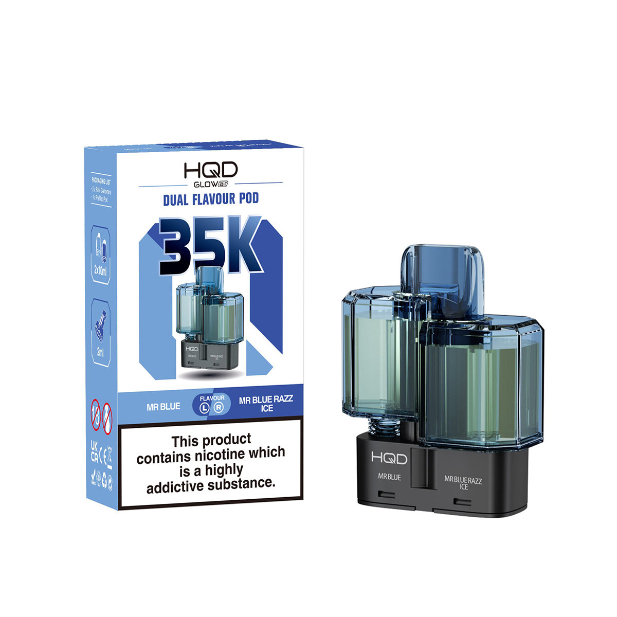 HQD Glow Air 35K Prefilled Pods  Dual Flavours, Mr Blue And Mr Blue Razz Ice, Vape Wave UK