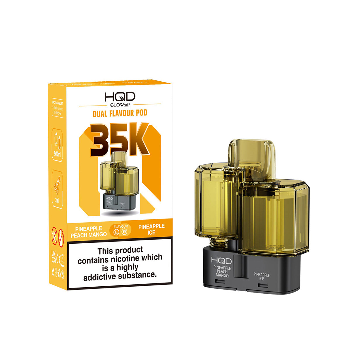 HQD Glow Air 35K Prefilled Pods  Dual Flavours, Pineapple Peach Mango And Pineapple Ice, Vape Wave UK