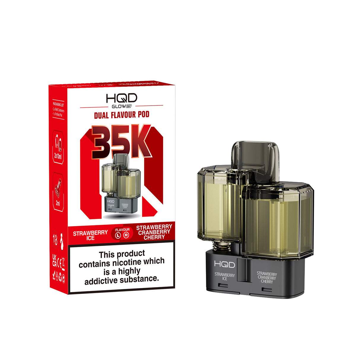 HQD Glow Air 35K Prefilled Pods  Dual Flavours, Strawberry Ice And Strawberry Cranberry Cherry, Vape Wave UK
