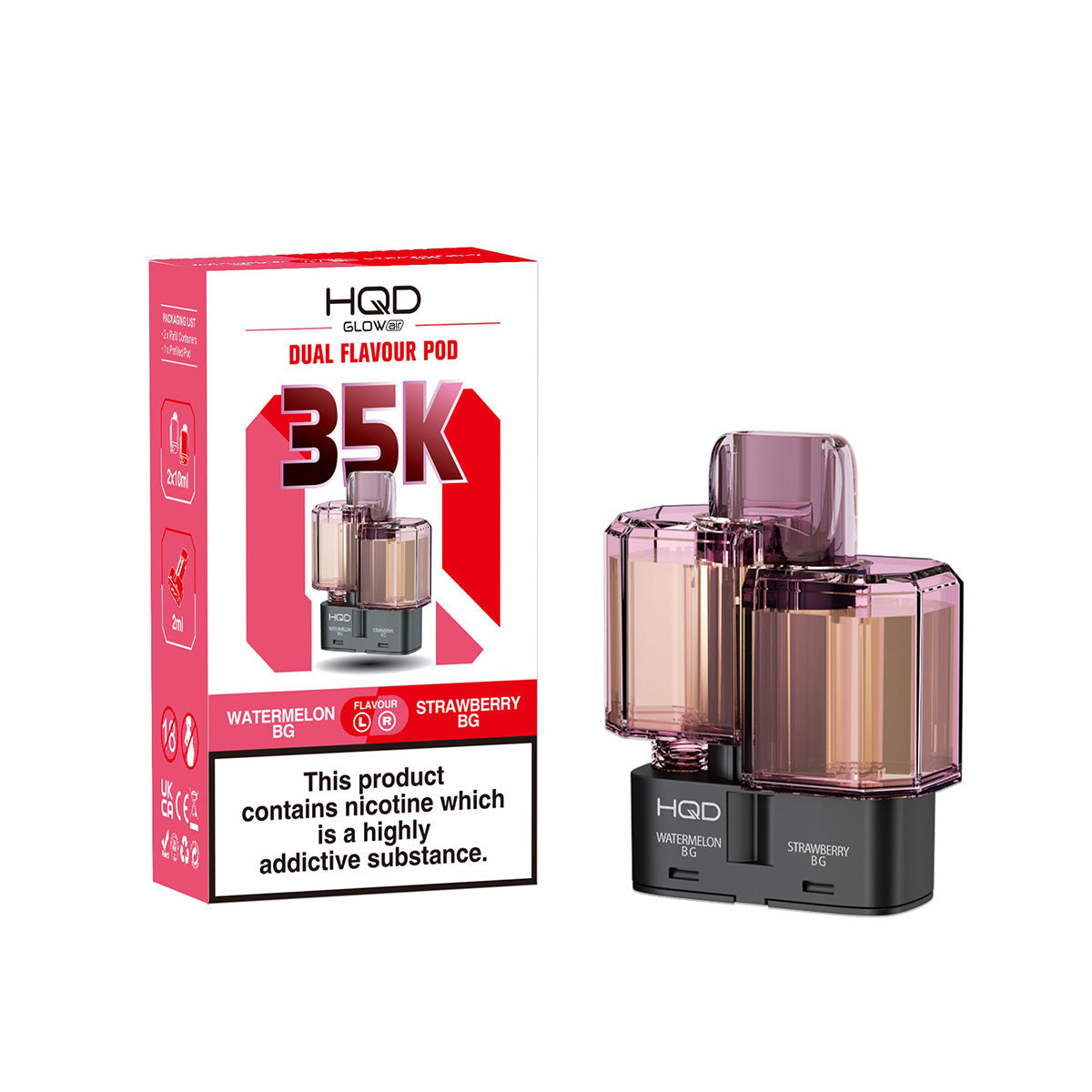 HQD Glow Air 35K Prefilled Pods  Dual Flavours, Watermelon BG And Strawberry BG, Vape Wave UK