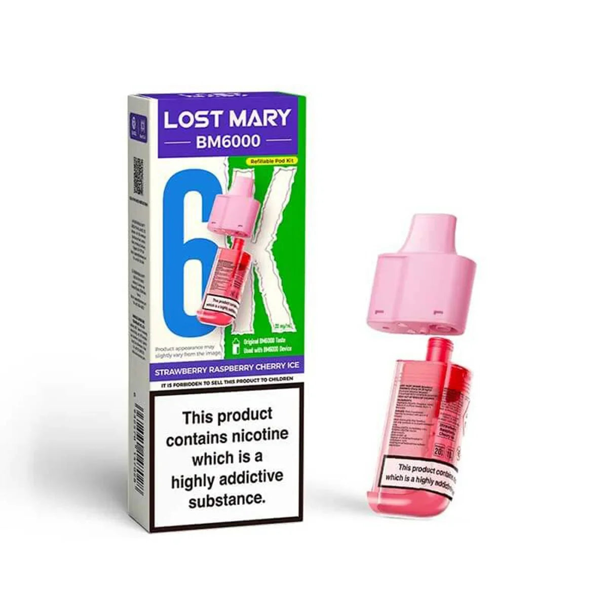Lost Mary BM6000 Prefilled Pods , Strawberry Raspberry Cherry Ice Flavour, Vape Wave UK