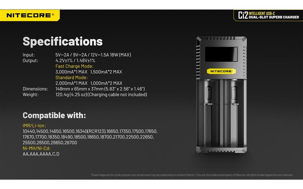 Nitecore Ci2 Dual Slot Universal Battery Charger 3000MAH, Fast Mode, Vape Wave UK