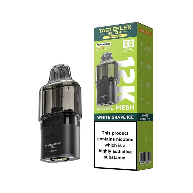Oxva Tasteflex SL 12K Pods Dual Mesh, White Grape Ice  Flavour, Vape Wave UK