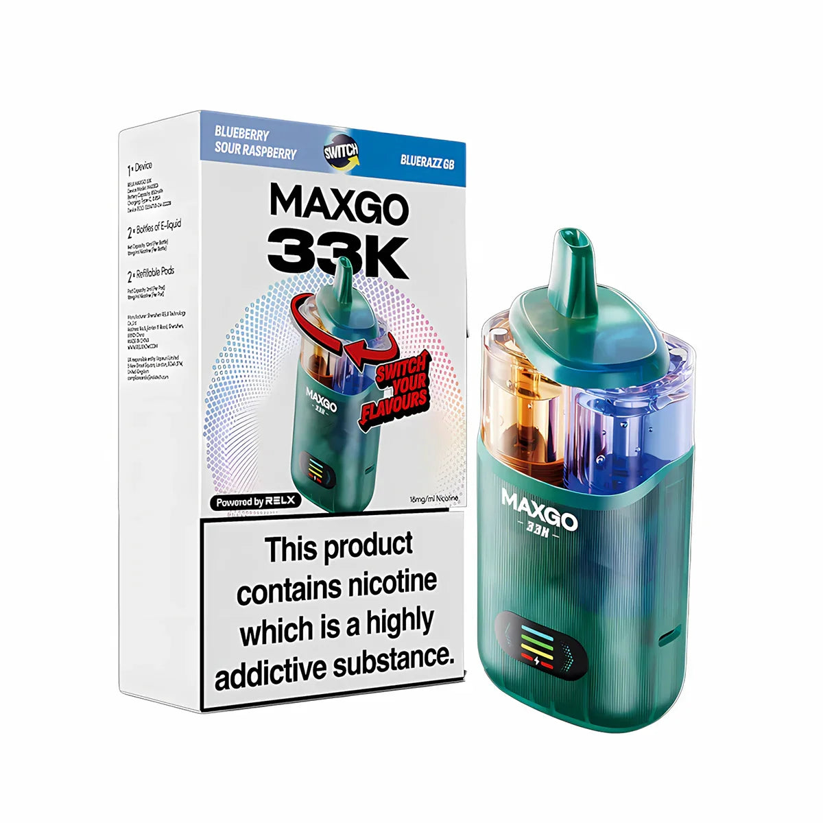 RELX MAXGO Combo 33K Pod Vape Kit, Blue Sour And Raspberry Blue Razz  Flavour, Vape Wave UK