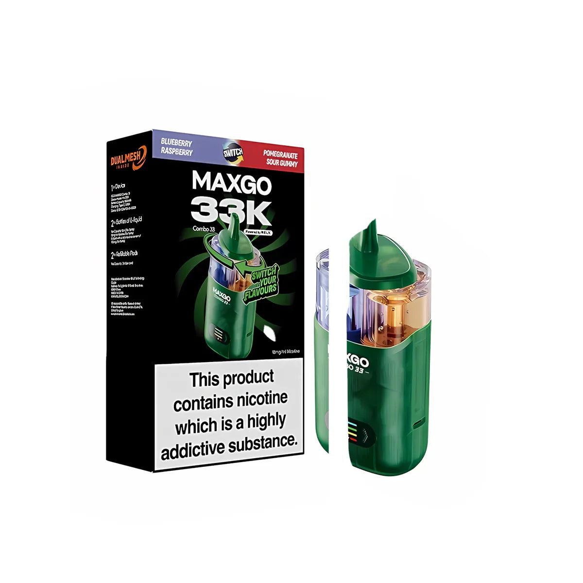 RELX MAXGO Combo 33K Pod Vape Kit, Blueberry Raspberry And Pomegrante Sour Gummy  Flavour, Vape Wave UK