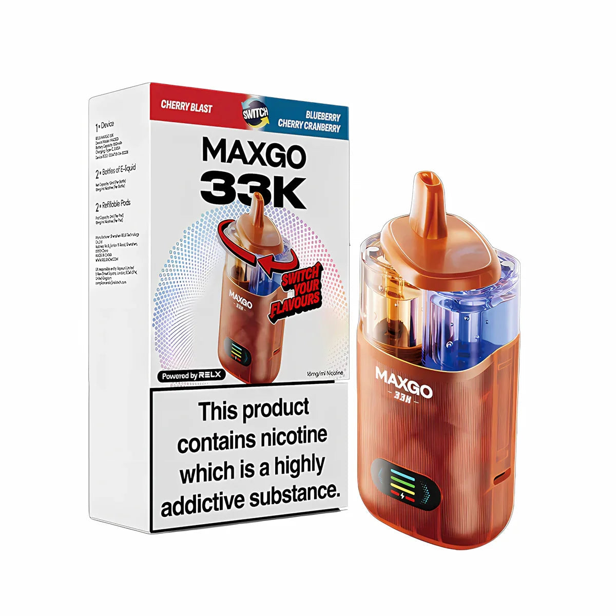 RELX MAXGO Combo 33K Pod Vape Kit, Cherry Blast , Blueberry Cherry Cranberry  Flavour, Vape Wave UK