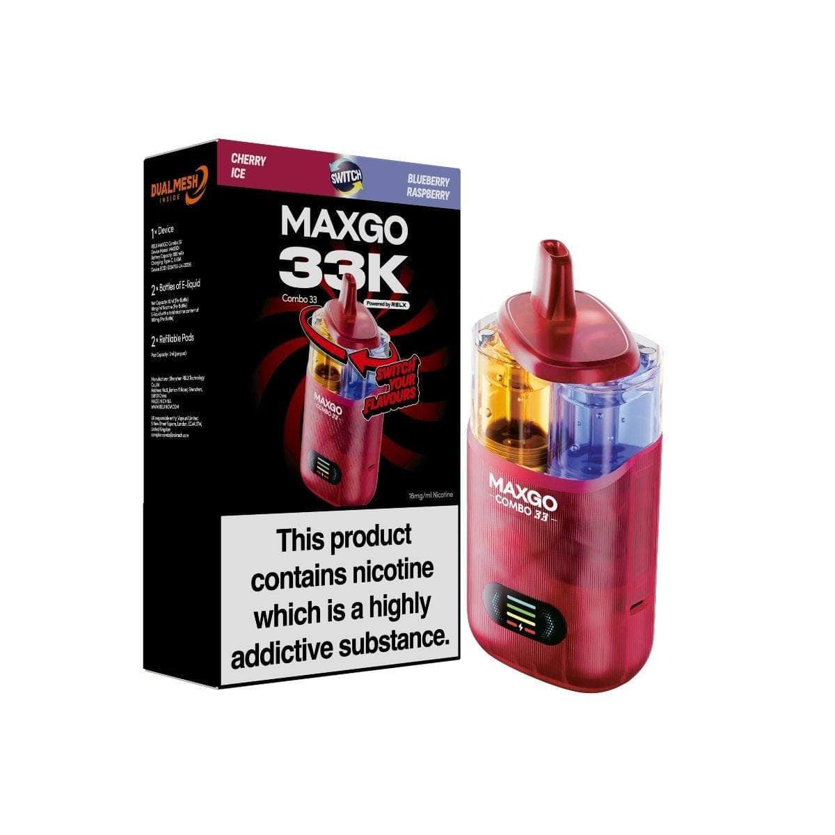 RELX MAXGO Combo 33K Pod Vape Kit, Cherry  Ice Blueberry Raspberry  Flavour, Vape Wave UK