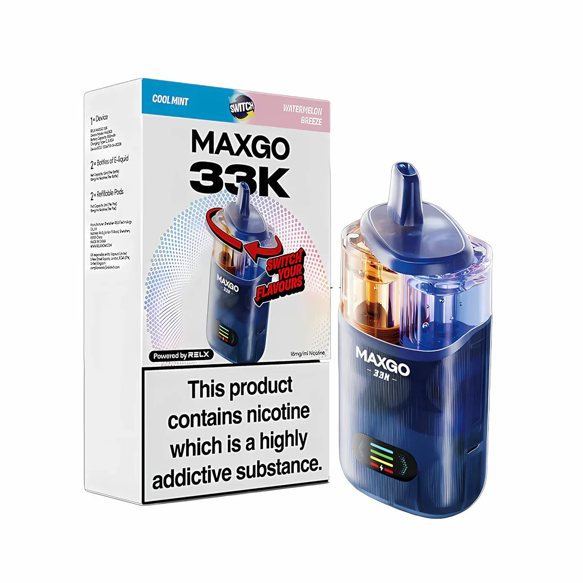 RELX MAXGO Combo 33K Pod Vape Kit, Cool Mint ,Watermelon Breez  Flavour, Vape Wave UK