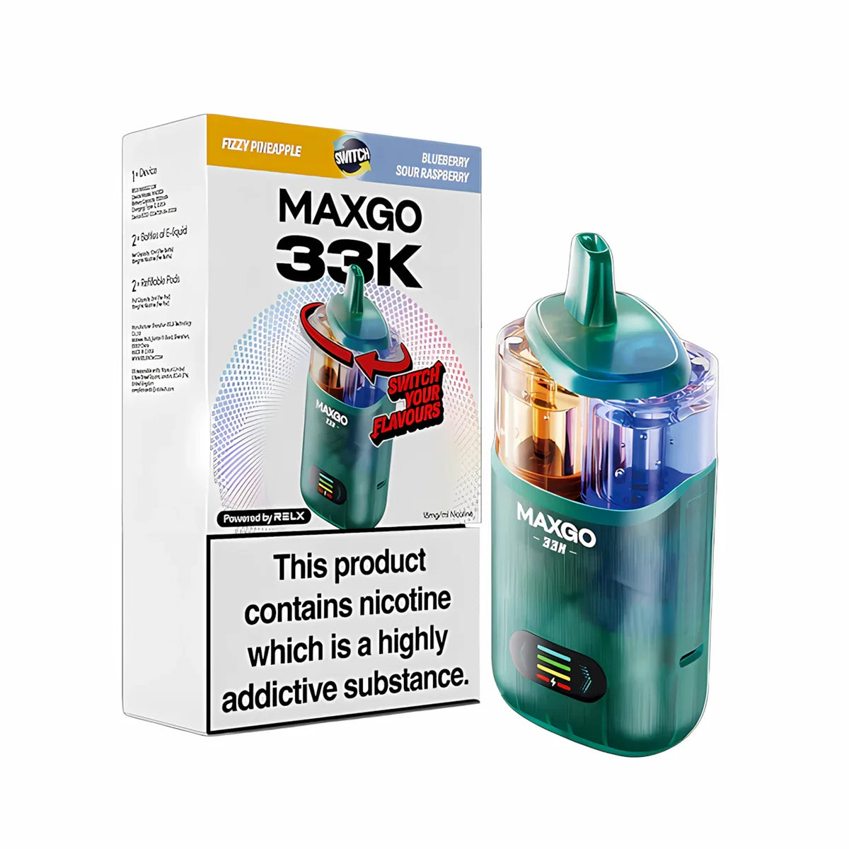 RELX MAXGO Combo 33K Pod Vape Kit, Fizzy Pineapple, Blueberry Sour Raspberry  Flavour, Vape Wave UK