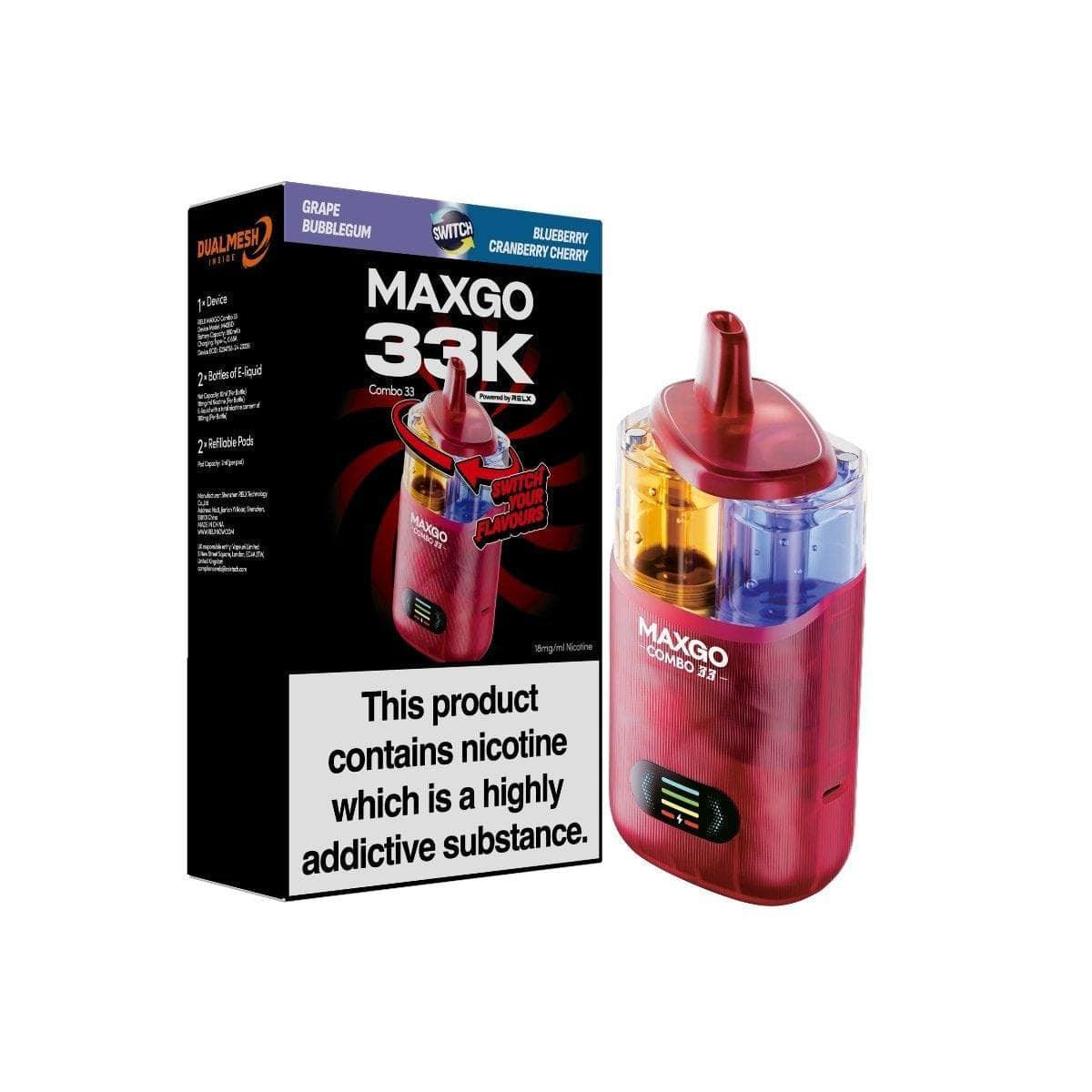 RELX MAXGO Combo 33K Pod Vape Kit,  Grape Bubblegum And Blueberry Cranberry Cherry  Flavour, Vape Wave UK