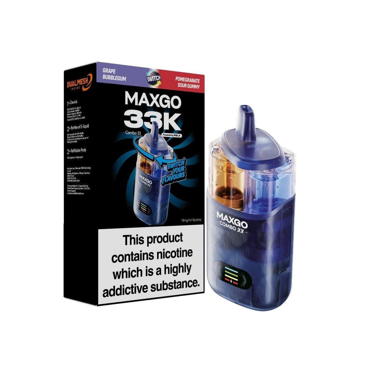RELX MAXGO Combo 33K Pod Vape Kit, Grape Bubblegum And Pomegranate Sour Gummy  Flavour, Vape Wave UK