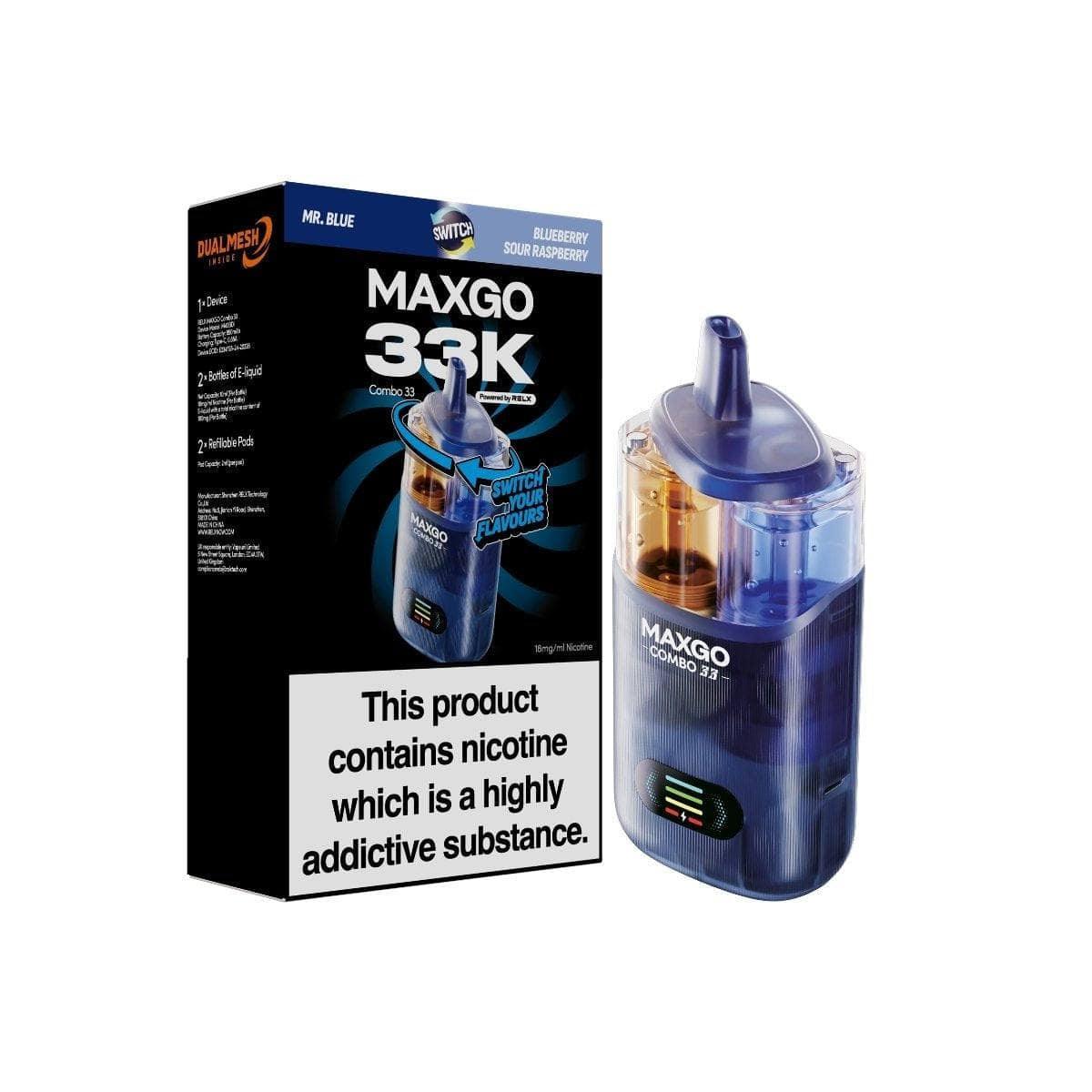 RELX MAXGO Combo 33K Pod Vape Kit, Mr Blue And Blueberry Sour Raspberry Flavour, Vape Wave UK