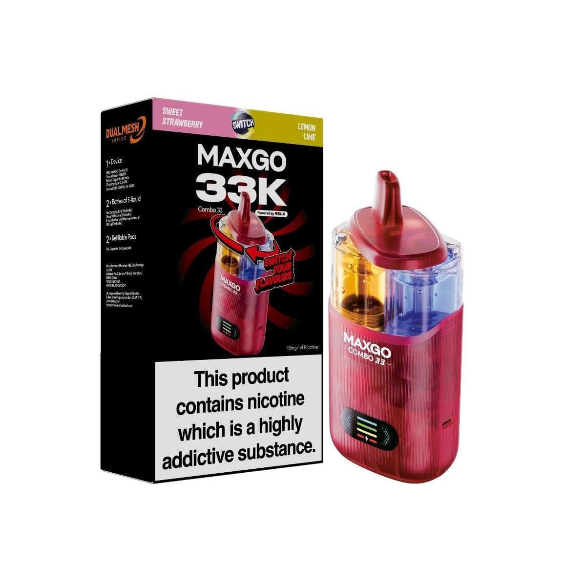 RELX MAXGO Combo 33K Pod Vape Kit,  Sweet Strawberry And Lemon Lime  Flavour, Vape Wave UK