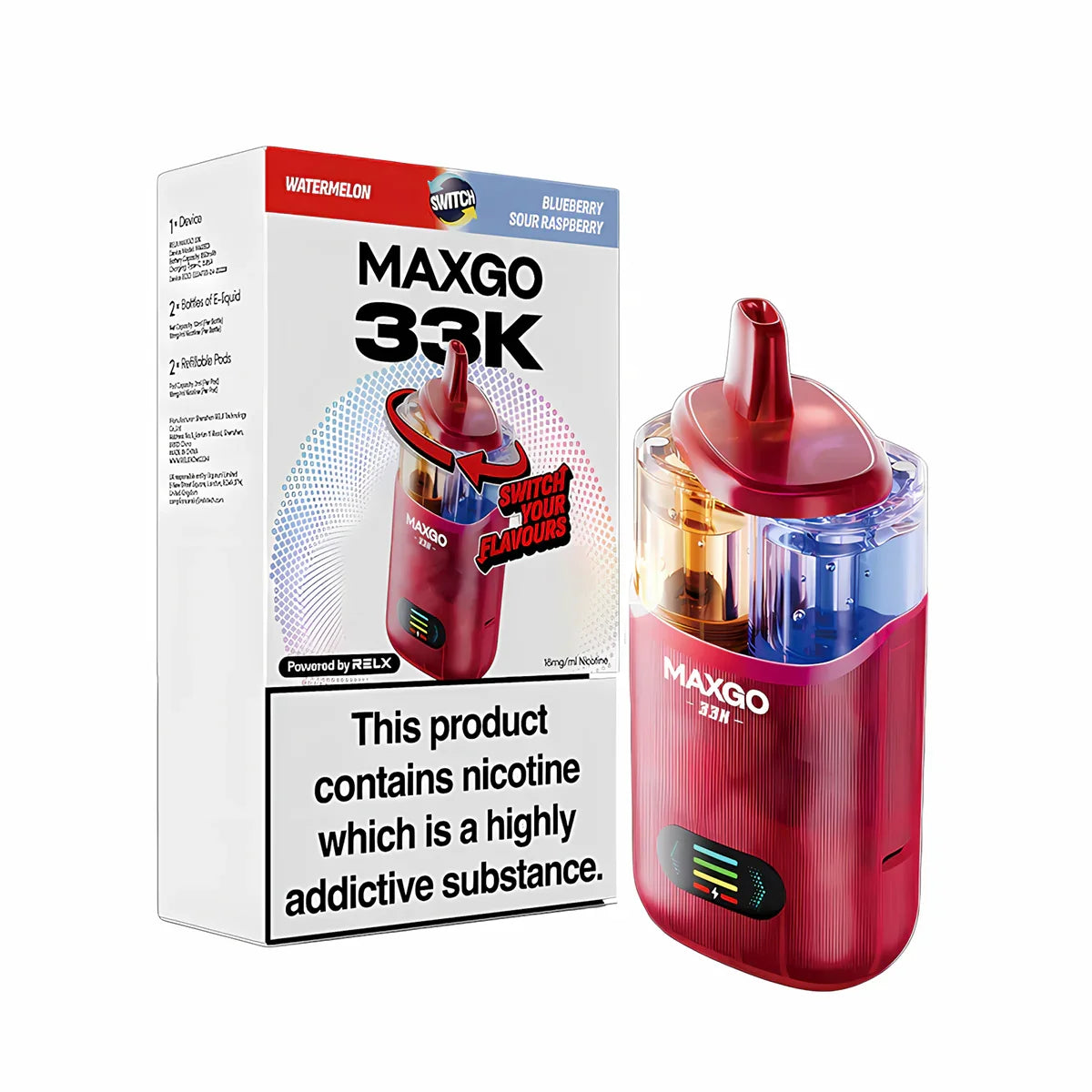 RELX MAXGO Combo 33K Pod Vape Kit, Watermelon,  Blueberry  Sour Raspberry  Flavour, Vape Wave UK