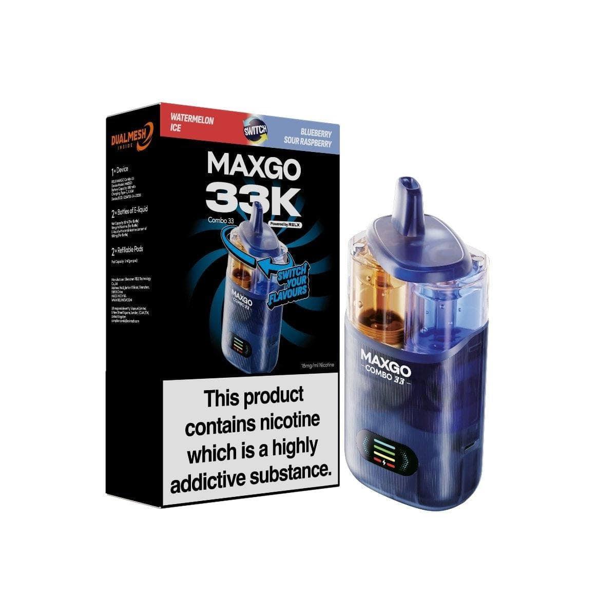 RELX MAXGO Combo 33K Pod Vape Kit, Watermelon Ice And Blueberry Sour Raspberry  Flavour, Vape Wave UK